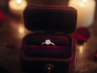 A diamond engagement ring sits elegantly in a velvet box, surrounded by soft candlelight and a romantic atmosphere