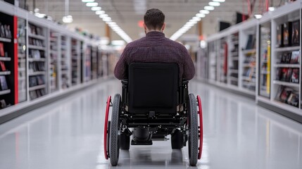 Obraz premium Person in wheelchair navigating aisle in store, showcasing accessibility in retail environments.
