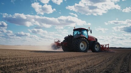 Fototapeta premium A tractor spreading fertilizer over a large field. Plenty of text space in the sky