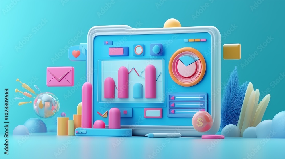 Poster colorful 3d digital dashboard with vibrant graphs and charts showcasing data analysis in a playful e