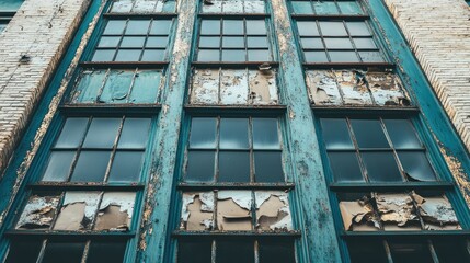 Fototapeta premium A vintage building with large windows and peeling paint, ideal for adding text