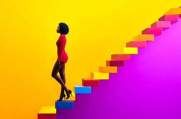 Stylish afroamerican woman climbing colorful stairs to success