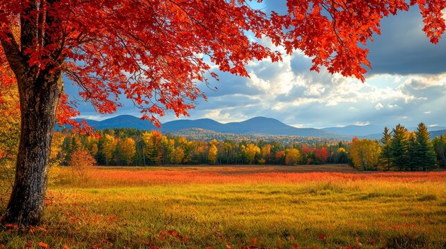 Forest of Colorful Fall Foliage Tall Aspen Trees in Autumn with Dark Storm Clouds in the Background.