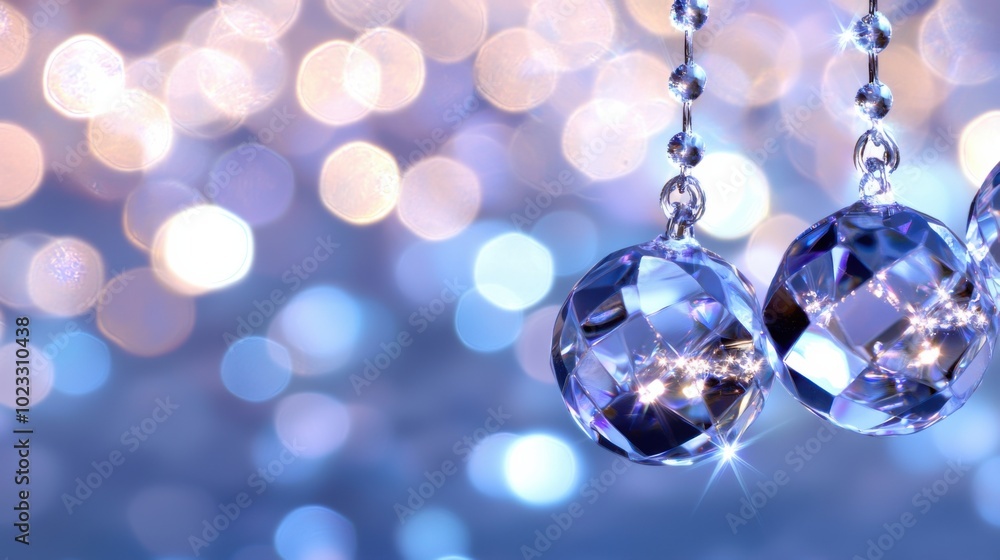 Poster glistening crystal ornaments dangle against backdrop of soft bokeh lights, creating magical and ench