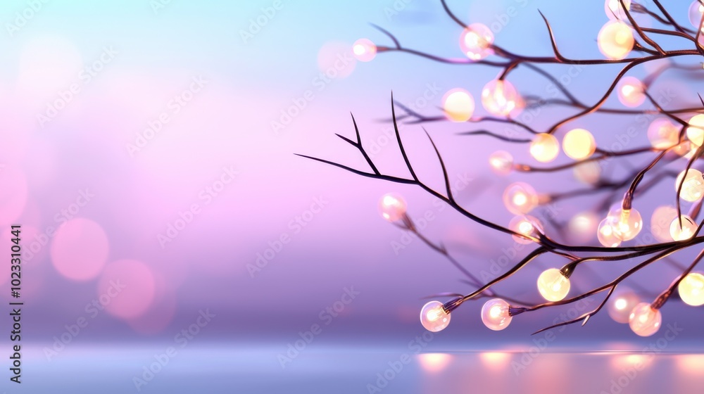 Poster gentle bokeh lights shimmer softly on delicate branches, creating serene and enchanting atmosphere. 
