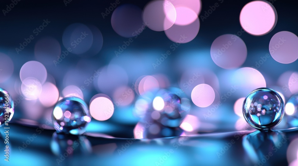 Poster subtle bokeh lights softly blurred in shades of blue and purple create dreamy atmosphere, with refle