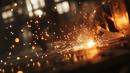 Sparks flying from metalwork in an industrial setting, showcasing welding or cutting.