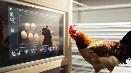 Chicken Interacting with Futuristic Egg Technology Display - Powered by Adobe