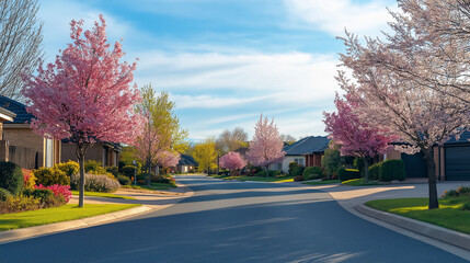 Naklejka premium A quiet suburban street lined with cherry blossom trees in full bloom