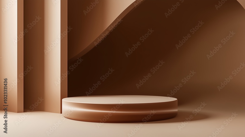 Poster a minimalistic studio setup featuring curved forms and a circular platform against a warm beige back