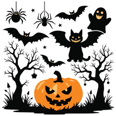 Halloween Silhouette Elements in white Background