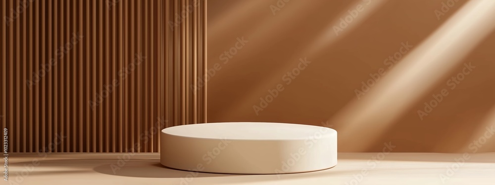 Aufkleber modern minimalist display platform in a sunlit studio with soft shadows and warm tones