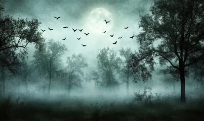 Silhouetted Trees and Bats Flying Under a Full Moon in a Misty Forest