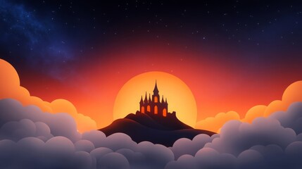 Obraz premium Silhouette of a Castle on a Hilltop with Sunset and Clouds