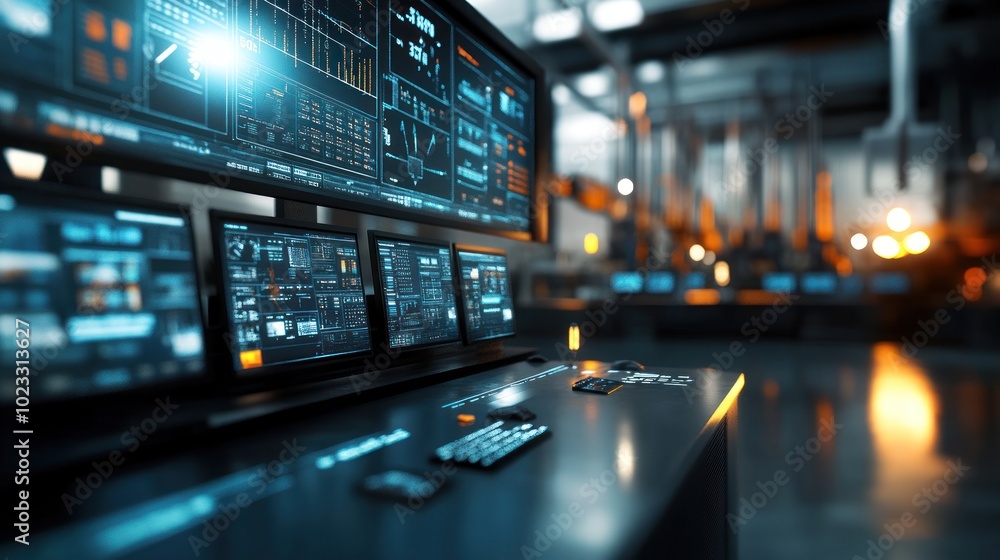 Poster futuristic control room with multiple digital screens displaying data and analytics.