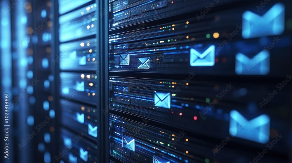 Poster close-up of server racks with illuminated email icons, showcasing data storage technology.