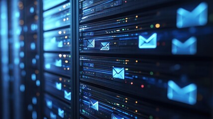 Naklejka premium Close-up of server racks with illuminated email icons, showcasing data storage technology.
