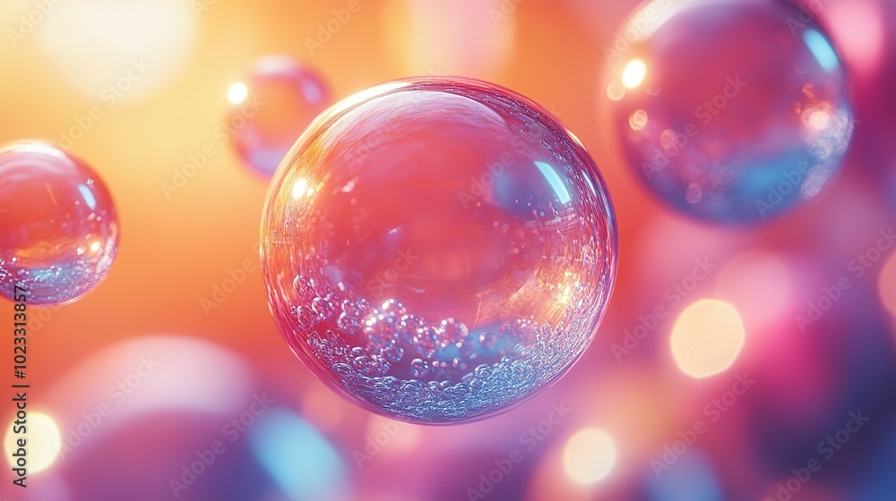 Aufkleber A Large Transparent Sphere with Small Bubbles Floating in Front of a Colorful Blurred Background