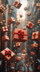a lot of gift boxes tied with a bow are flying