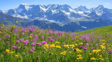 Obraz premium Landscape of the Alpine mountains during springtime, with a vast meadow filled with wildflowers