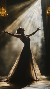 Opera singer captured in the middle of an emotional and intense performance on stage