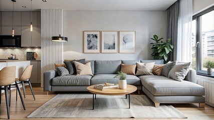 Interior of cozy living room with grey sofa and coffee table near white wall
