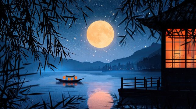Full moon, Night sky with stars, lake, Close shot of the boat in the frame, Kongming lanterns&iuml;&frac14;&OElig;Warm glowing windows, Moonlit courtyard, Bamboo 