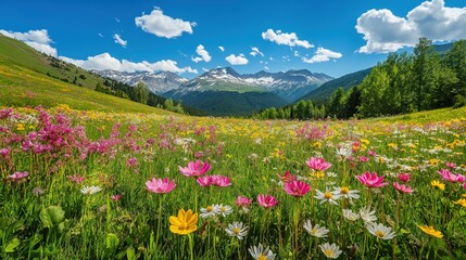 Obraz premium Landscape of the Alpine mountains during springtime, with a vast meadow filled with wildflowers
