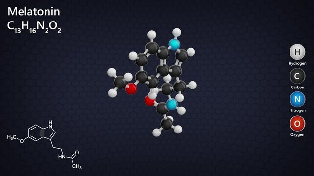 Melatonin (C13H16N2O2), is a hormone produced by the pineal gland that regulates the sleep-wake cycle. It is known for its sleep-inducing effects and antioxidant properties. Dark back. 3D render