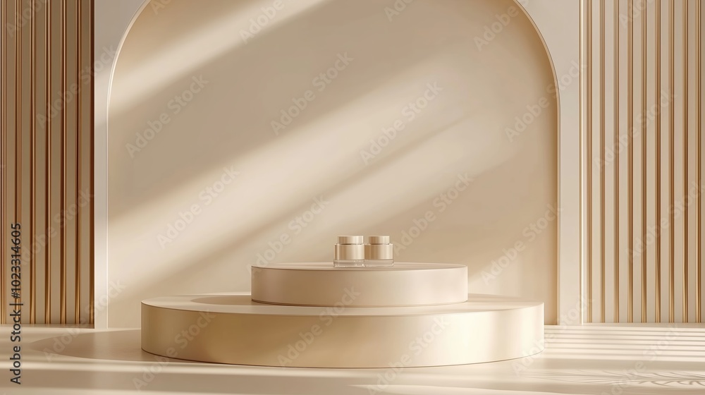 Poster minimalist display setup featuring beige platforms and soft light in a modern studio environment