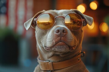 dog wearing cool sunglasses with the american flag gently waving in the background showcasing a fun and patriotic vibe perfect for a lighthearted summer scene