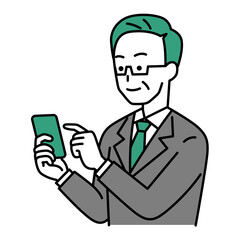 スマートフォンを操作する中年のスーツの男性