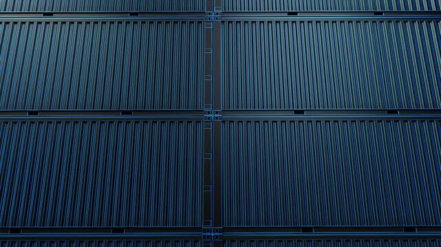 Dark wall of containers is depicted in a wireframe style, emphasizing the structural design. A camera moves smoothly along a wall of containers. 3D render. Isolated. Seamless loop.