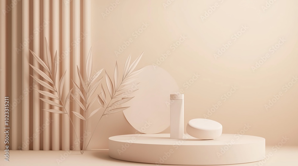 Poster minimalist interior setup featuring neutral tones with decorative elements and products on display i
