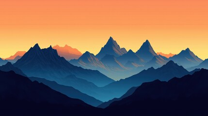 Fototapeta premium Serene mountain range bathed in the rich colors of sunset, with peaks silhouetted against a glowing sky