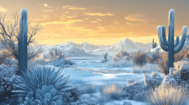 Frosted cacti and dunes reflecting the mystique of a frozen desert at dawn. Frost Phoenix. Illustration