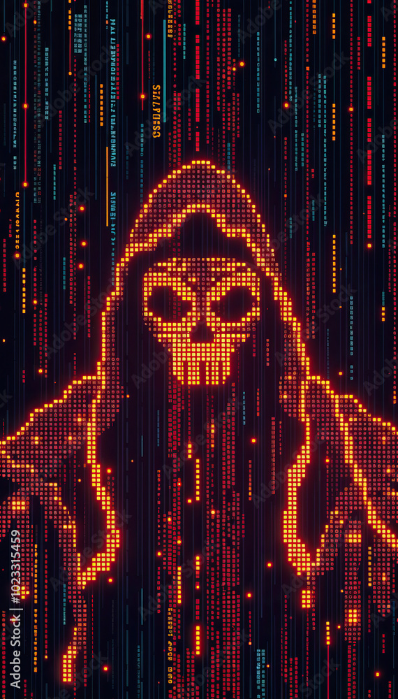 Aufkleber dark hacker skull in hood with neon matrix code background technology cyber security hacking digital identity online privacy virtual reality vertical format photo