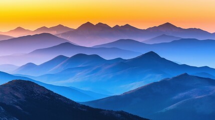 Obraz premium Serene mountain range bathed in the rich colors of sunset, with peaks silhouetted against a glowing sky
