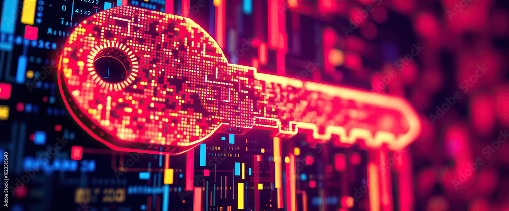 Poster digital hacking encryption key cybersecurity concept glowing against futuristic circuit data technology background