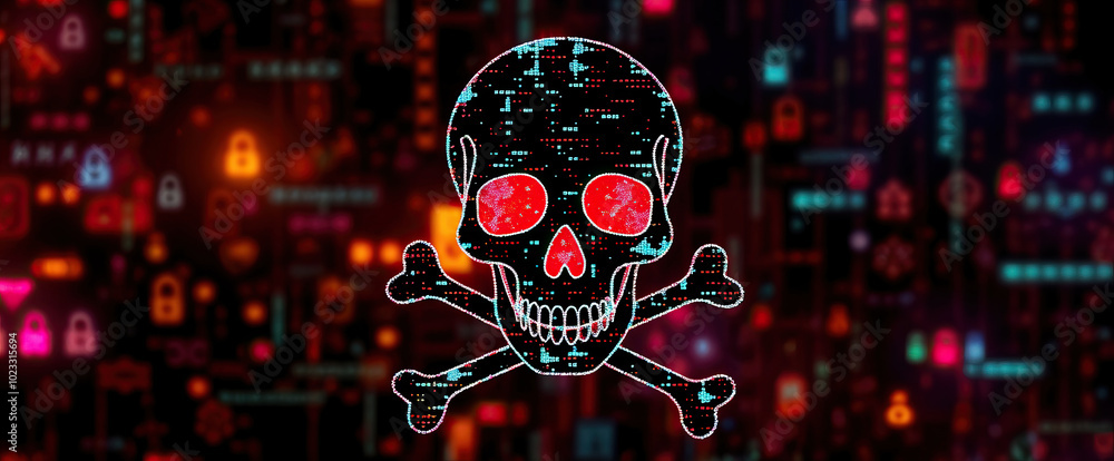 Poster neon hacking skull crossbones hacker threat sign on digital data background cyber security concept