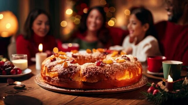 A smiling family gathers around a table, sharing slices of Rosca de Reyes cake. The festive bread is adorned with colorful crystallized fruits, creating a joyful atmosphere.