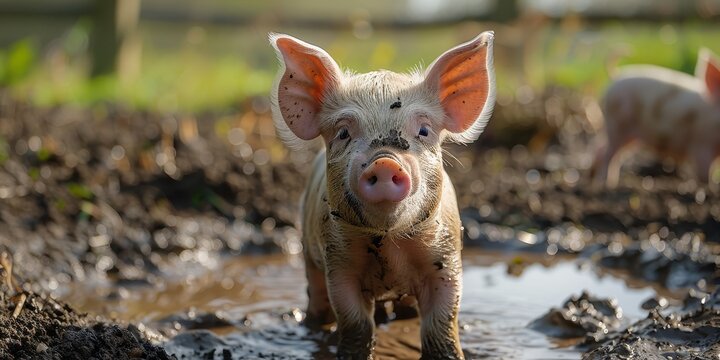 Little dirty pig in a mud puddle