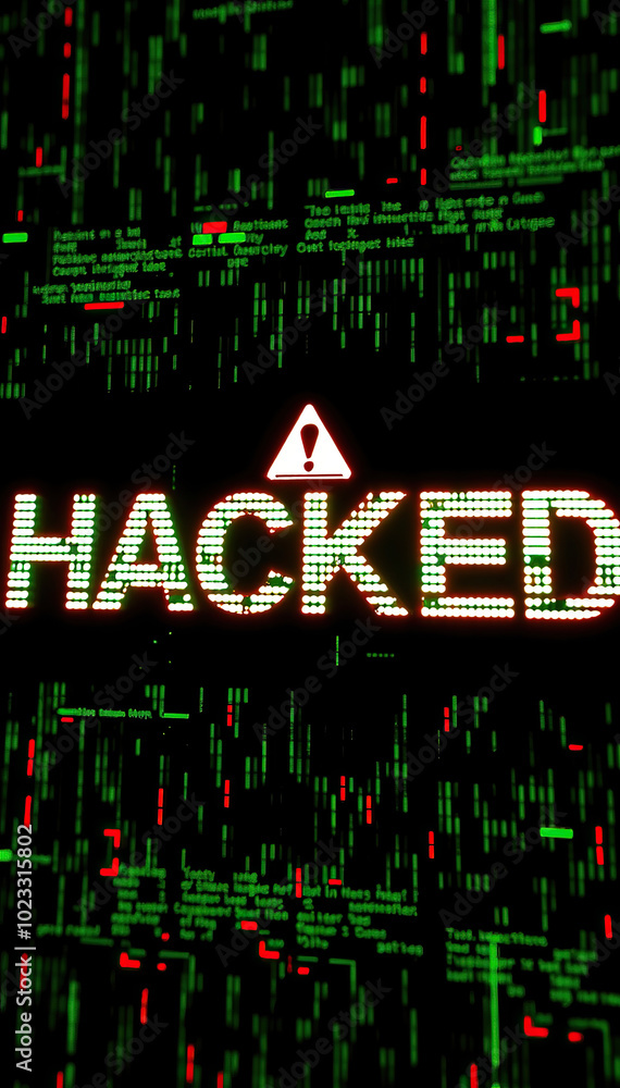 Poster text hacked warning sign over green binary code background technology threath cybersecurity concept vertical format