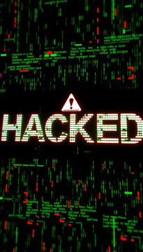 text hacked warning sign over green binary code background technology threath cybersecurity concept vertical format