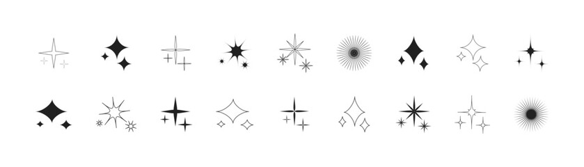 Fototapeta premium Star shapes. Stars, Sparks and Sparkles. Retro futuristic Stars Sparkle vector icons. Shine or Sparkle Stars vector icon