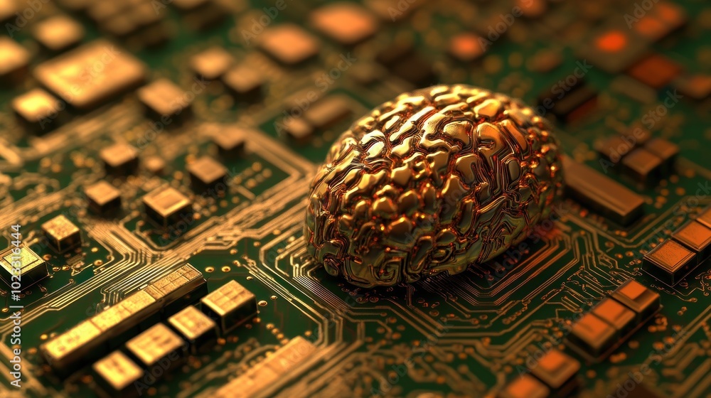 Poster a brain-shaped object rests on a circuit board, symbolizing the fusion of technology and intellect.