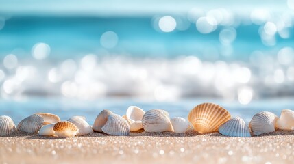 Peaceful beach scene with seashells of various shapes and colors scattered across the golden...