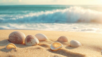 Obraz premium Peaceful beach scene with seashells of various shapes and colors scattered across the golden sand605615d3d7ec