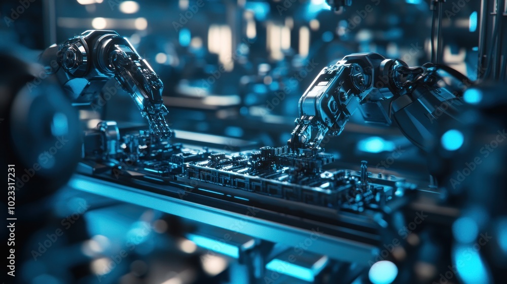 Poster robotic arms assembling electronic components in a high-tech environment.
