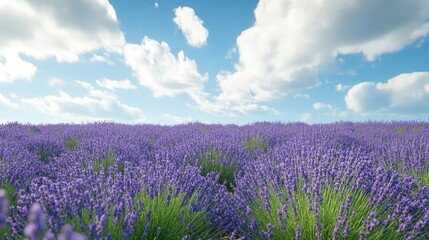 Fototapeta premium Field of lavender under the summer sun. Wide open sky above for text space. Calm and peaceful summer scene